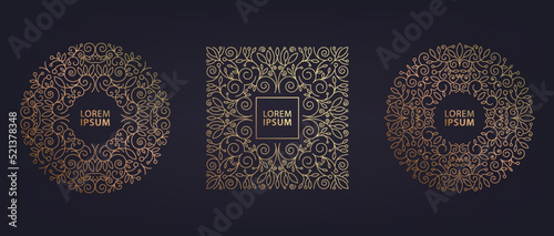 Vector set of art deco floral linear circles, round, square borders, frames, decorative luxury design templates. Creative template in classic retro style. Use for packaging, advertising.