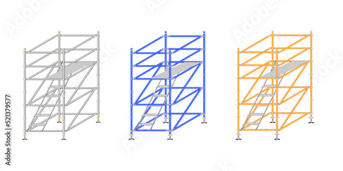 Mobile scaffolding, white background, used in construction areas.