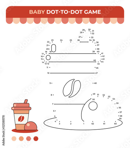 Dot-to-dot game for children, Hot coffee with a bun, Autumn children game
