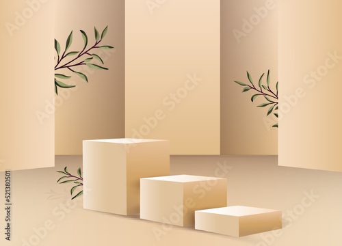 Abstract podium with green branches. Award ceremony concept. Stage background. Vector illustration.