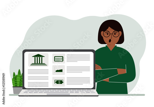 Concept of bill payment, money deposit, bank account management from laptop or computer site. Woman with laptop and bank website.