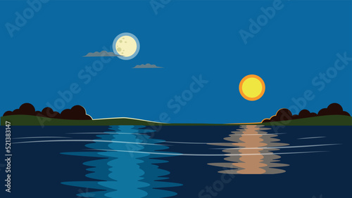 Lunar path on the lake, 2 types of shade of the moon