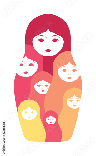 A Beautiful Matryoshka Doll with a Pretty Face. There are other Little Dolls Inside the Matreshka. Color Flat Cartoon Fashion Style. White background. Vector illustration. photo