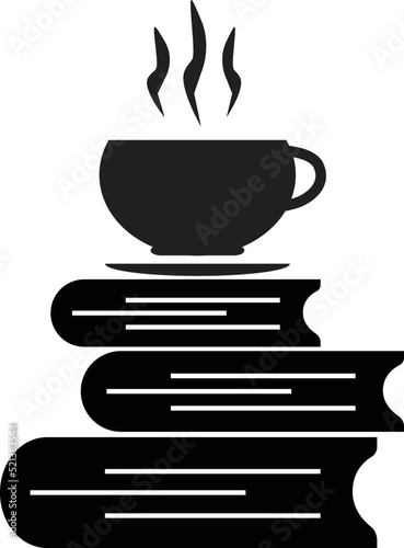 book, cup, tea icon on white background. Pile of books and tea cup sign. flat style.