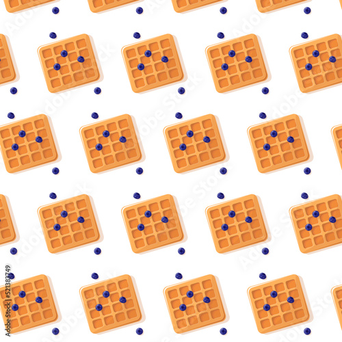 Belgian waffles with blueberries, pattern on white background