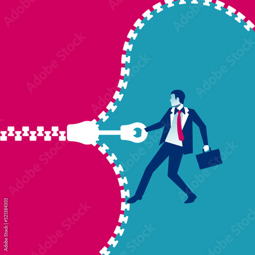 Businessman pulling zipper. Vector illustration flat design. Isolated on background. The businessman closes zipper. Open and close the web template.