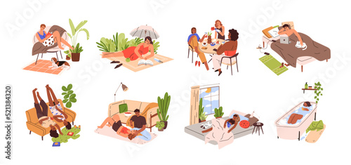 Fototapeta Naklejka Na Ścianę i Meble -  People resting, relaxing on weekends set. Home and outdoor leisure activities on holiday. Lifestyle scenes of relaxation time, pastime. Flat graphic vector illustrations isolated on white background