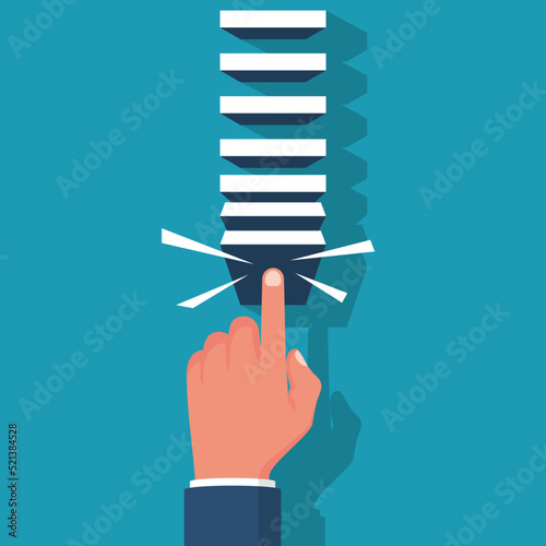 Domino effect. Chain reaction concept. Successful intervention. Man pushes the domin. Business metaphor. Vector illustration flat design. Isolated on white background. Sabotage. Destroy system.