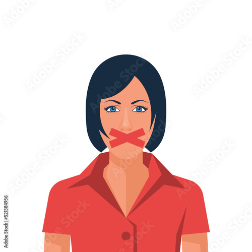 Silence concept. Woman with a sealed mouth. The lips are sealed with tape. Violation of an individual's rights. No comment. Mouth on lock. Vector illustration flat design. Silent boycott.