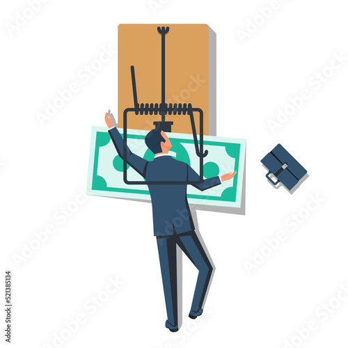 Money trap. Mousetrap with dollar. Businessman trapped. Greedy human is caught. Vector illustration flat design. Isolated on white background. Financial bait.