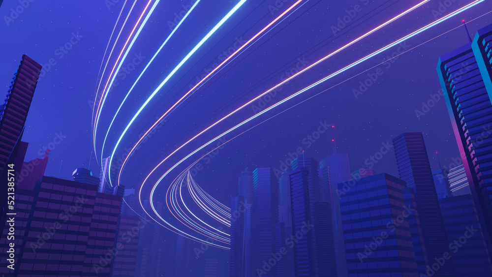 Obraz premium 3d render of Cyber night mega city landscape scene. Light glowing and reflection on dark tech scene. Night life. Technology network for 5g. Beyond futuristic of Sci-Fi Capital city and building scene.