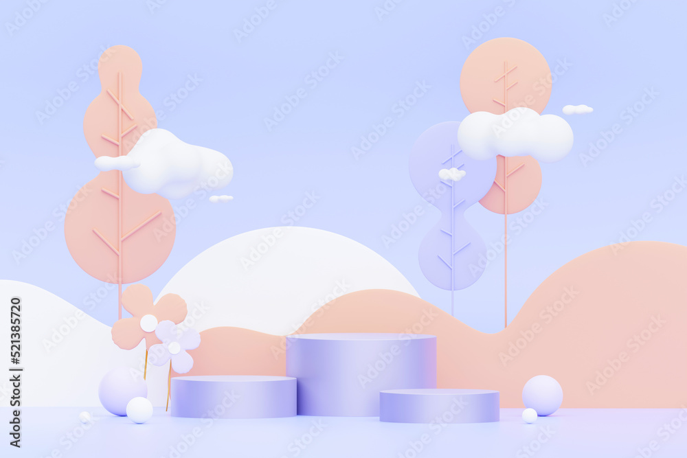 3d render Pastel Purple minimal background with podium stand. Purple stage platform for cosmetic product presentation and advertising. Studio scene with showcase pedestal in clean design.