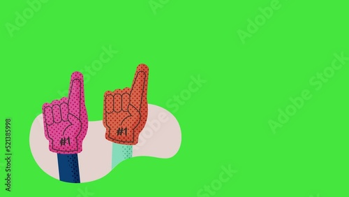Foam fingers number one waving surrounded with sprinkles. Fans gloves animation. 4K chroma key animated video.