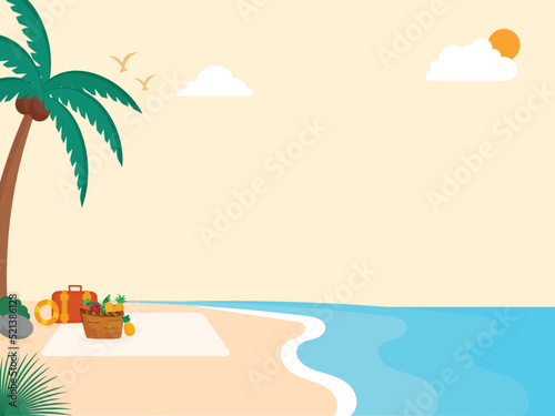 Summer time, traveling concept, beach background, shiny sun, palm trees and fruits basket. Flat style illustration for summer holidays. © Abdul Qaiyoom