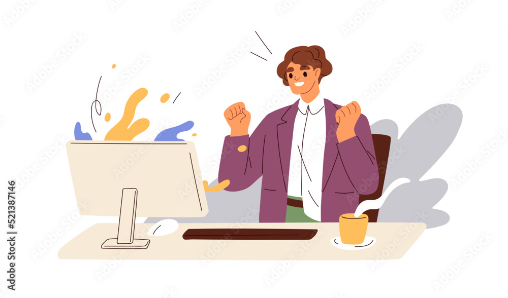 Happy employee rejoicing victory, success at computer desk. Office workers joy, luck at work. Career, business achievement concept. Flat graphic vector illustration isolated on white background Happy employee rejoicing victory, success at computer desk. Office workers joy, luck at work. Career, business achievement concept. Flat graphic vector illustration isolated on white background