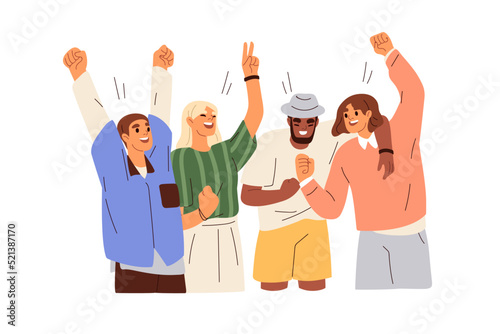 Happy team, young people celebrate business victory, work success with joy, fun. Colleagues winners rejoicing, exulting together with hands up. Flat vector illustration isolated on white background