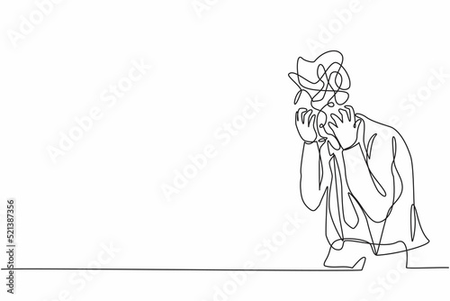 Continuous one line drawing businessman with round scribbles instead of head. Distressed worker hand on head gesture have overwork. Man suffer headache, workload. Single line graphic design vector