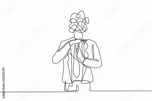 Single continuous line drawing businessman with round scribbles instead of head. Stop working, time break gesture, timeout signal. Pause. Nonverbal communication. One line draw graphic design vector photo