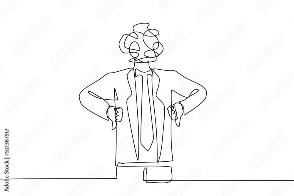 Single continuous line drawing businessman with round scribbles instead of head. Confused male manager showing thumbs down sign, dislike, negative expression. One line draw graphic design vector Single continuous line drawing businessman with round scribbles instead of head. Confused male manager showing thumbs down sign, dislike, negative expression. One line draw graphic design vector