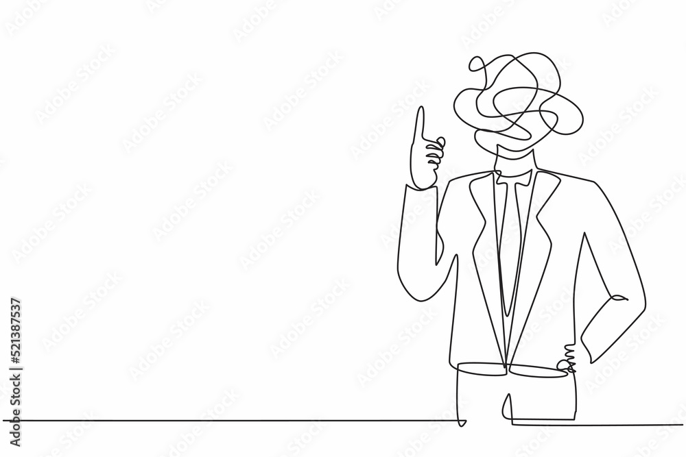 Continuous one line drawing businessman with round scribbles instead of a head. Male manager representing idea, solution. Gesturing or showing index finger. Single line draw design vector illustration