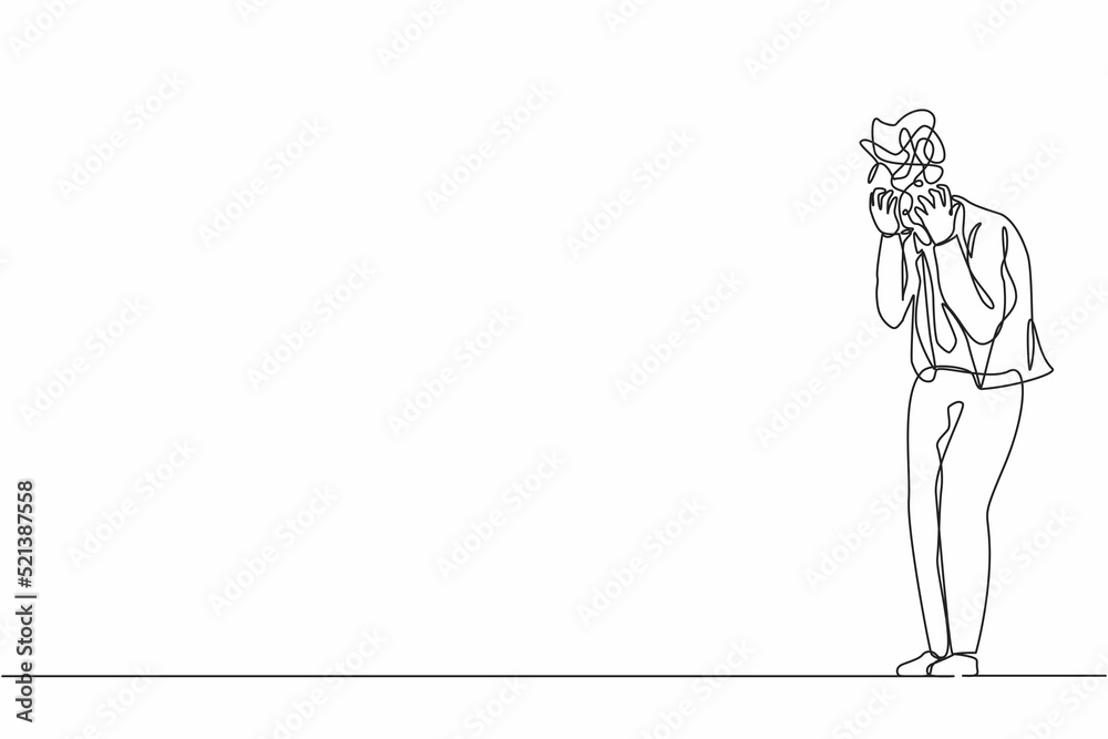 Single continuous line drawing businessman with round scribbles instead of head. Distressed worker hand on head gesture have overwork or deadline. Unhappy man suffer headache. One line design vector