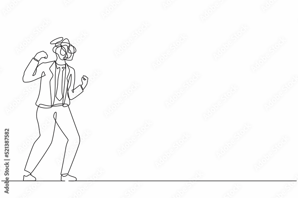 Single one line drawing businessman with round scribbles instead of a head. Angry annoyed worker with clenched fists. Aggressive mood, toxic communication. Continuous line draw design graphic vector