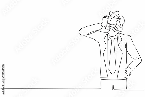 Single one line drawing businessman with round scribbles instead of a head. Doubting man. Memory and solution, searching and thinking concept. Continuous line draw design graphic vector illustration