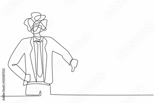 Continuous one line drawing businessman with round scribbles instead of a head. Confused male showing thumbs down sign, dislike, disapproval, disagreement. Single line draw design vector illustration