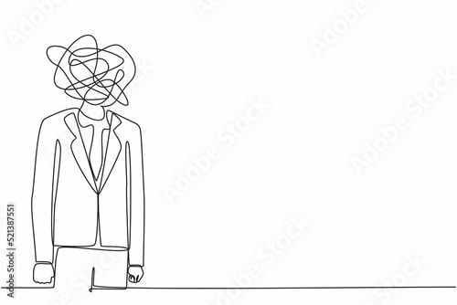 Single continuous line drawing businessman with round scribbles instead of head. Frustrated man. Anxiety, confusion in thoughts. Chaos in head. Confusing process. One line graphic design vector