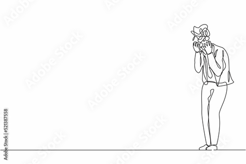 Single continuous line drawing businessman with round scribbles instead of head. Distressed worker hand on head gesture have overwork or deadline. Unhappy man suffer headache. One line design vector