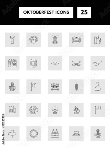 Black Linear Oktoberfest Icon Set On Grey Square Background.