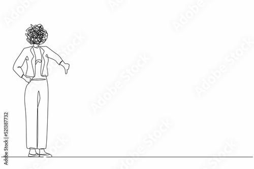 Single one line drawing businesswoman with round scribbles instead of head. Confused female showing thumbs down sign. Disagreement, disgust and negative expressions. Continuous line draw design vector
