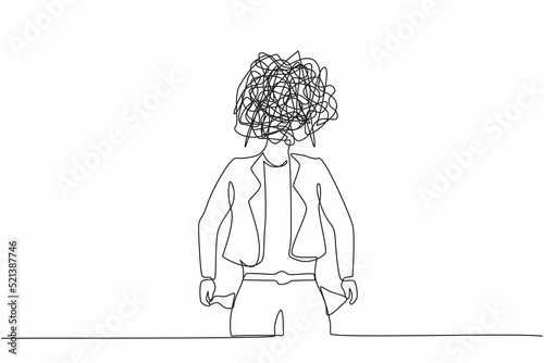 Single one line drawing businesswoman with round scribbles instead of a head. Worker with pockets turned outward, having no money. Broke person. Continuous line draw design graphic vector illustration