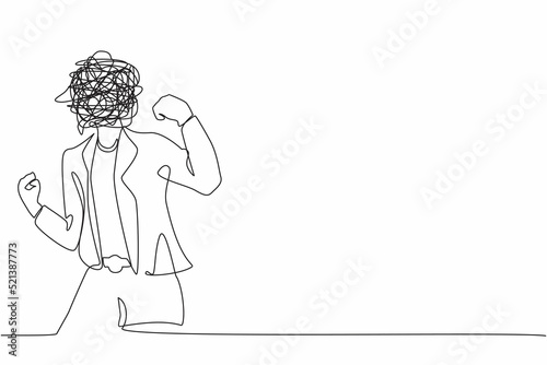 Continuous one line drawing businesswoman with round scribbles instead of head. Angry female in blazer standing showing threatening gesture with clenched fist. Single line draw design vector graphic