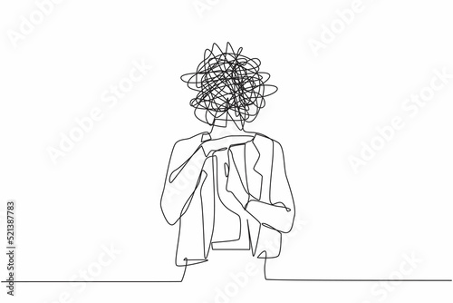 Single continuous line drawing businesswoman with round scribbles instead of head. Stop working, time break gesture, timeout signal. Pause. Nonverbal communication. One line draw graphic design vector