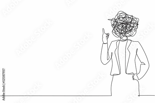 Single one line drawing businesswoman with round scribbles instead of a head. Female manager representing idea, solution. Gesturing or showing index finger. Continuous line draw design graphic vector