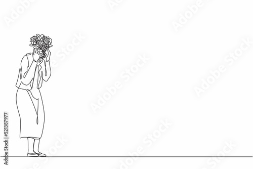 Single continuous line drawing businesswoman with round scribbles instead of head. Distressed worker hand on head gesture have overwork or deadline. Woman suffer headache. One line draw design vector