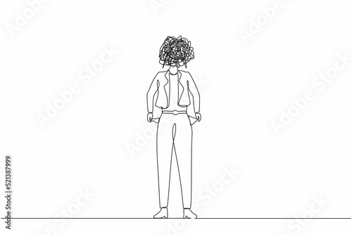 Single one line drawing businesswoman with round scribbles instead of head. Female manager with pockets turned outward, having no money. Bankrupt person. Continuous line draw design graphic vector