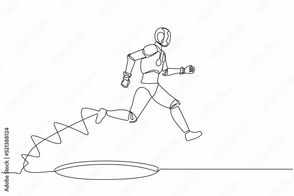 Fototapeta premium Continuous one line drawing robot jumping through the hole, metaphor to facing big problem. Humanoid robot cybernetic organism. Robotic development. Single line draw design vector graphic illustration