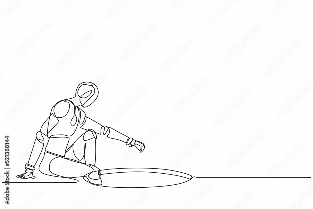 Fototapeta premium Single one line drawing robot descends into the hole. Future technology development. Artificial intelligence and machine learning processes. Modern continuous line design graphic vector illustration