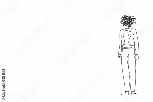 Continuous one line drawing businesswoman with round scribbles instead of head. Frustrated woman. Nervous problem, anxiety, confusion in thoughts. Mental disorder. Single line design vector graphic
