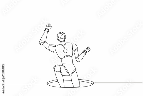 Single continuous line drawing robot fell into manhole underground sewer. Robotics artificial intelligence technology. Electronic technology industry. One line draw graphic design vector illustration