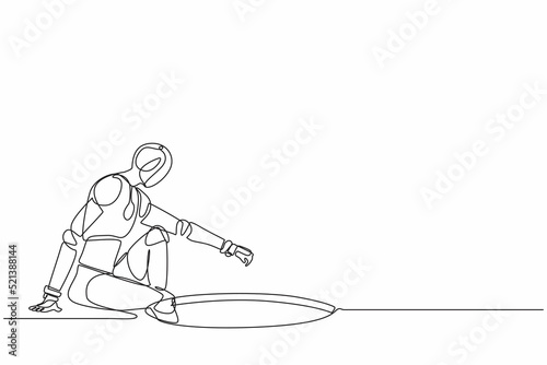 Single one line drawing robot descends into the hole. Future technology development. Artificial intelligence and machine learning processes. Modern continuous line design graphic vector illustration