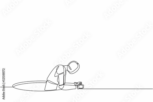 Single continuous line drawing robot trying to get out of from hole. Modern robotic artificial intelligence technology. Electronic technology industry. One line draw graphic design vector illustration
