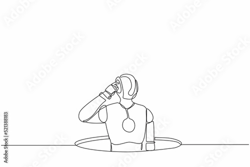 Single continuous line drawing confused robot emerges from the hole. Modern robotic artificial intelligence technology. Electronic technology industry. One line draw graphic design vector illustration