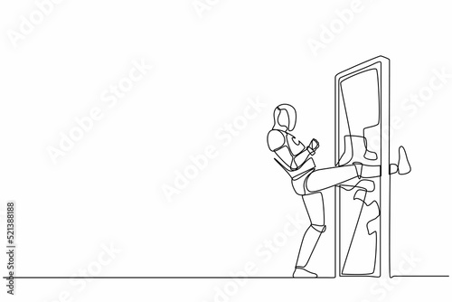 Single one line drawing robot kicking locked door and destroy. Future technology development. Artificial intelligence machine learning process. Continuous line draw design graphic vector illustration