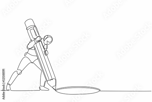 Continuous one line drawing robot making circle of holes with large pencil. Humanoid robot cybernetic organism. Future robotics development concept. Single line draw design vector graphic illustration