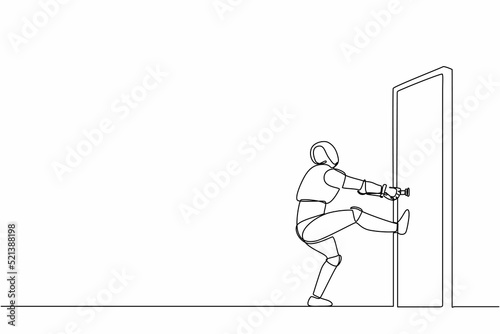 Single one line drawing robot pulling closed door knob with power. Future technology. Artificial intelligence and machine learning process. Continuous line draw design graphic vector illustration