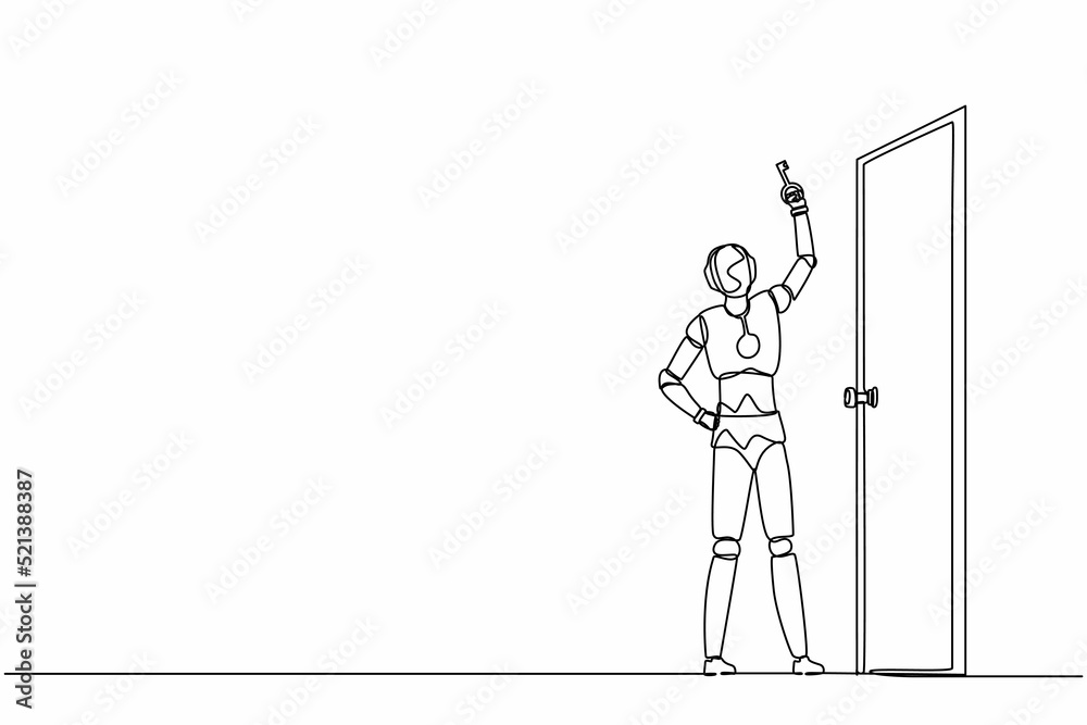Single one line drawing robot lifting up key in front of door. Future technology development. Artificial intelligence machine learning process. Continuous line draw design graphic vector illustration Single one line drawing robot lifting up key in front of door. Future technology development. Artificial intelligence machine learning process. Continuous line draw design graphic vector illustration