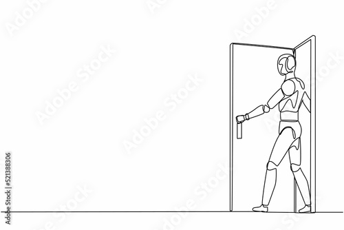 Single one line drawing robot walking out through an open door. Future technology development. Artificial intelligence and machine learning process. Continuous line design graphic vector illustration